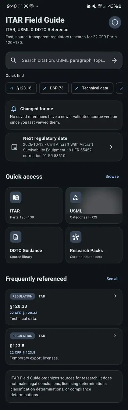 ITAR Field Guide home screen showing search, Quick Find, content updates, Quick Access, and frequently referenced regulations